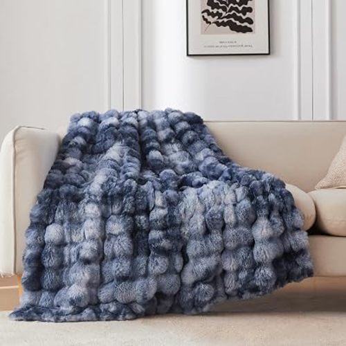 COOVA Soft Bubble Faux Fur Throw Blanket, 60"x80", Tie-dye Blue