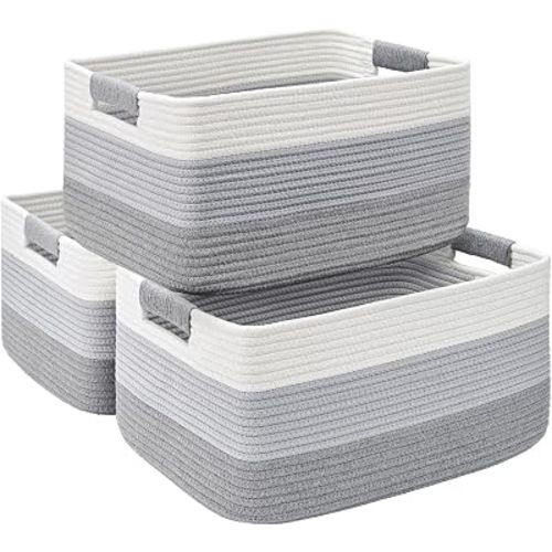 3 Pack Large Storage Basket for Organizing, 17.5"x13"x7" Woven Basket for Shelves, Closet Cube Storage Bins with Wrapped Handle, Cotton Rope Baskets for Kitchen, Clothes, Toys(Gradient Grey)