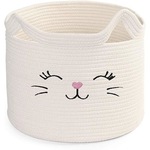 LotFancy Cat Toy Organizer, Cotton Rope Animal Basket with Handle, Cat Toys Storage Bin for Pets, Cute Woven Containers Holder for Playing Room, Kids Bedroom, 15.7x13''(H)