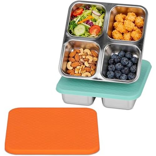 2 Pack Snack Box Containers Set, Stainless Steel 4 Compartment Lunchable Container, Reusable Food Storage Containers with Lids for Travel, Outdoor, Camping, Work(Orange/Blue)