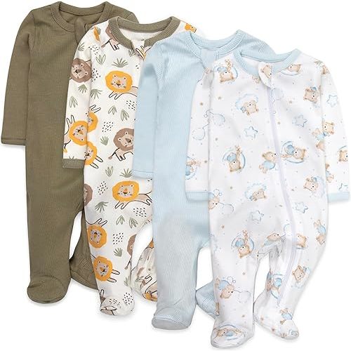 Baby Essentials Boys 4 Pack Patterned and Solid Footie Newborn Outfits, Long Sleeve Zip-Up Sleep and Play