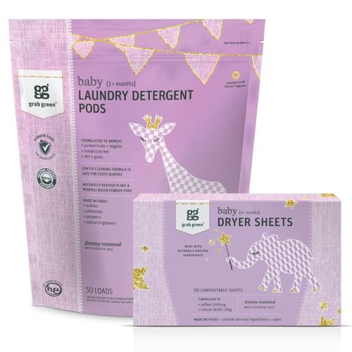 Grab Green Baby Laundry Detergent Pods and Dryer Sheets Bundle, 50 Count Pods and 80 Dryer Sheets, Dreamy Rosewood Scent, Plant and Mineral Based Laundry Care Set