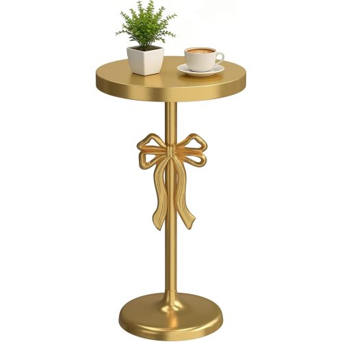 Gold Drink Table, Metal Martini Side Table - 11.9" x21.7'', Gold Small Accent Table with Bow Decoration, Pedestal End Table for Small Spaces