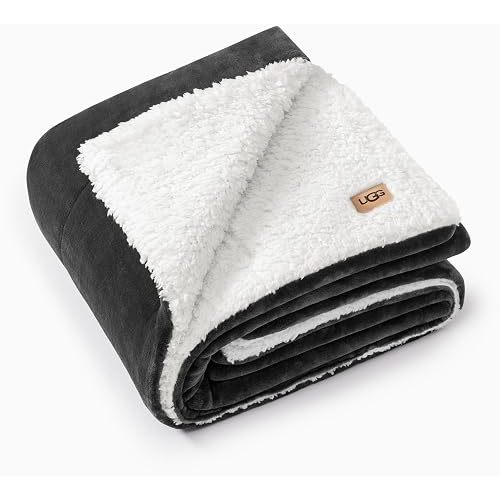UGG Nita Throw Blanket for Bed, Soft Reversible Plush Throw for Couch and Living Room, Cozy Fluffy Blanket, Washable Bedding, Home Decor, 50-inch x 70-inch, Charcoal Grey
