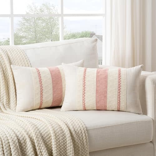 Fancy Homi Set of 2 Boho Pink Lumbar Decorative Throw Pillow Cover 12x20 Inch for Couch Bed Sofa Chair, Modern Organic Farmhouse Home Decor, Soft Cotton Cute Accent Rectangle Cushion Case