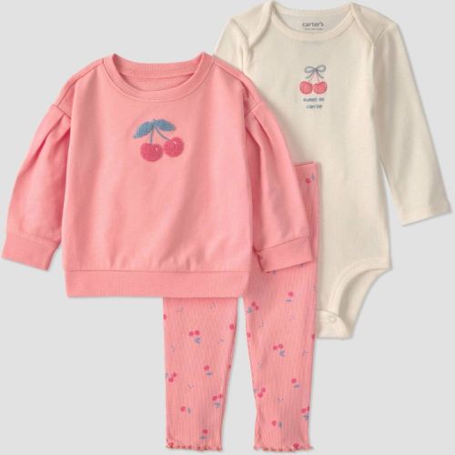 Carter's Just One You® Baby Girls' 3pc Cherry Sweatshirt with Long Sleeve Bodysuit and Leggings Set - Pink 3M