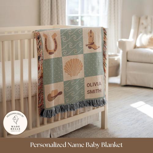 Personalized Coastal Cowgirl Baby Blanket Custom Name Western Beach Nursery Decor Seashell Checkered Heirloom Keepsake Baby Girl Gift Idea