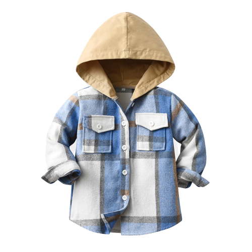 FAKKDUK Kids Boys Girls Button Down Shirts Plaid Long Sleeve Lightweight Plaid Hooded Flannel Shacket Cute Tops Kids Toddler Shirt Jacket Baby Boys Girls Fall Shirt Coat Outwear