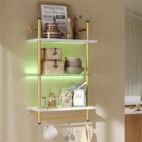 Bestier 23" Floating Shelves for Wall with LED Light 3-Tier Wall-Mounted Wood Shelves with 8 S-Hooks, White Finish & Gold Frame
