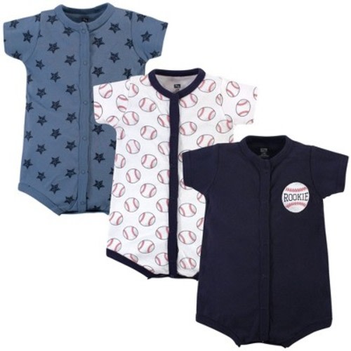 Hudson Baby Infant Boy Cotton Rompers 3pk, Baseball, 0-3 Months