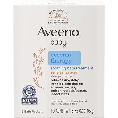 Aveeno Baby Eczema Therapy Soothing Bath Treatment for Relief of Dry, Itchy & Irritated Skin, Made with Natural Colloidal Oatmeal, Fragrance-, Paraben-, Steroid- & Tear-Free, 5 ct