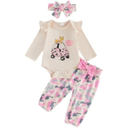 Newborn Baby Girl Outfits Camo Deer Print Romper Pants 3pcs Daddy’s Hunting Buddy Clothes Set Fall Winter