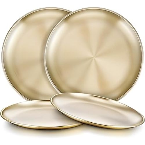 HaWare 4-Piece 18/8 Stainless Steel Plates, Metal 304 Dinner Dishes for Kids Toddler Children, 8 Inch Feeding Serving Camping Plate, Reusable Dinnerware, Unbreakable & Non-toxic, Dishwasher Safe, Gold