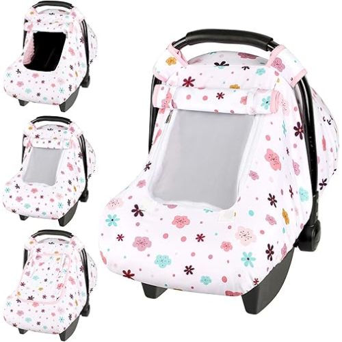 Pea Pod Car Seat Cover Baby, Infant Car Seat Canopy Covers with 2 Layers Windows of Breathable Mesh Fabric, Lightweight Polyester, Soft Minky Dot Backing (Floral Pattern)