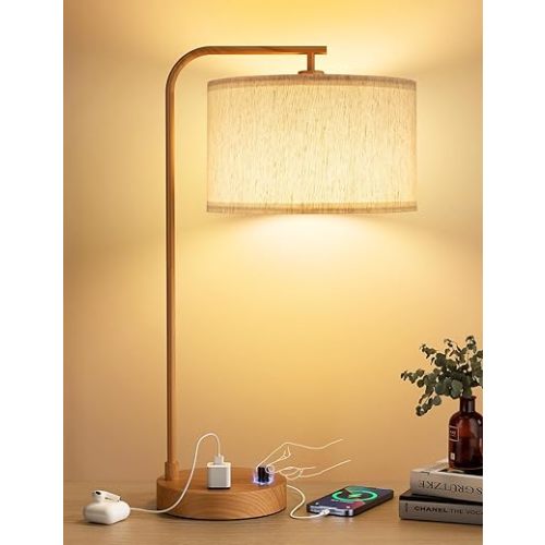 Innqoo Wood Tall Table Lamp with USB Port and Outlet, Dimmable Nightstand Bedside Lamps with Linen Lampshade, Desk Lamp for Bedroom, Living Room, Guest Room, Home Office, LED Bulb Included
