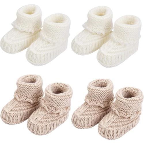 Baby Booties, Newborn Walking Shoes, Infant Hand Crochet Knit Cotton Sock Booties, Soft Cozy Socks Slippers, Indoor House Shoes for Baby, 2 Pairs