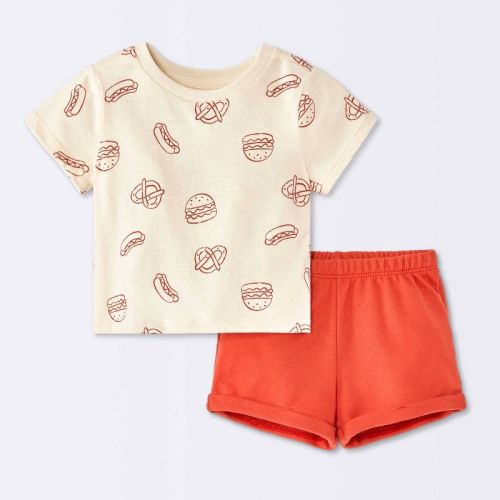 Baby Boys' 2pc Food Printed Short Sleeve T-Shirt and Shorts Set - Cloud Island™ Beige/Light Red 0-3M