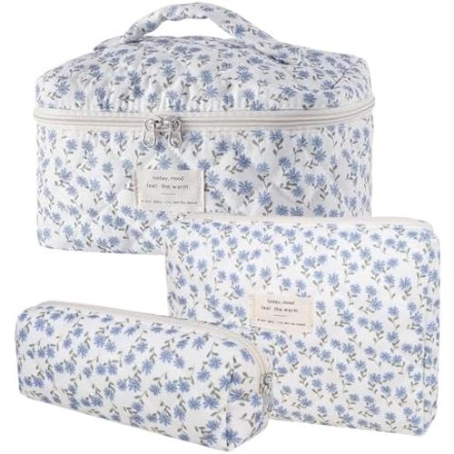 3 Pcs Cotton Quilted Makeup Bag Set, Floral Cotton Cosmetic Bag, Aesthetic Toiletry Travel Organizer Bag for Women (Blue Dandelion)
