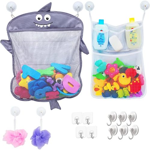 Comfylife 2 x Mesh Bath Toy Organizer + 6 Ultra Strong Hooks + 36 Bath Letters & Numbers – Eco-Safe, Fun, Educational Foam Letters and Perfect Toy Storage Net for Baby Bath Toys & More