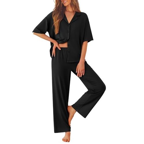 Ekouaer Women Pajamas Set Button Down Sleepwear Short Sleeve Pjs Soft Comfy Nightwear with Long Pants S-XXL