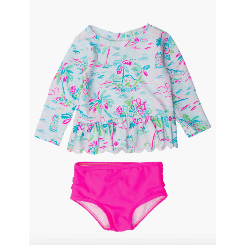 Girls UPF50+ Sun Protected Scallop Hem Long Sleeve Rash Guard Bikini