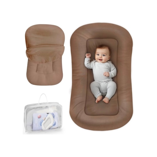 Infant Support Cushion - Baby Support Cushion for Newborn, 0-24 Months, Portable Tummy Time Mat for Home and Travel, Soft Cotton, Supervised Use, Baby Essentials Gift, Brown (Cover Included)