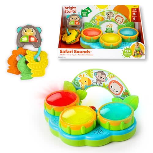Bright Starts Safari Sounds Gift Set, 2-PK Baby Toys for On The Go, Musical Drum Toy and Car Keys Toy with Car Sounds, Unisex Jungle Theme, 3-6 Months and Up