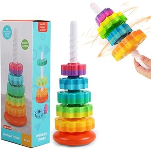 Baby Spinning Stacking Toys, Spin ABS Plastic and Color Rainbow Design Ring Stacker Baby Toys 6 to 12 Months Montessori Educational Learning Autism Sensory Toys for Boys and Girls Baby