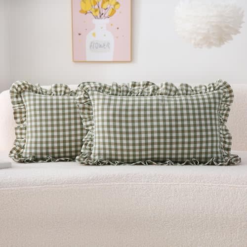 K MASANIJI 2 Pack Sage Green Plaid Ruffle Gingham Lumbar Throw Pillow Shams, 100% Washed Cotton Decorative Checkered Farmhouse Zipper Closure Pillow Covers for Bed/Sofa - 12''x20''