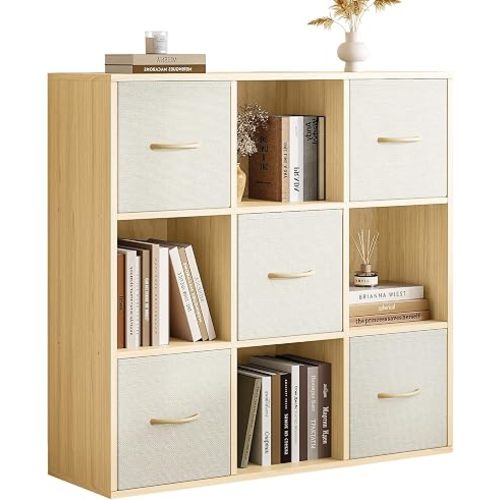 EXPERLAM 9 Cube Storage Organizer - Solid Wood Bookshelf with 5 Storage Bins, Cube Shelf with 3 Removable Back Panels, Vertical or Horizontal Bookcase, Open Book Shelf for Bedroom, Living Room, Office