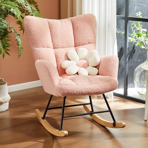 Sweetcrispy Rocking Chair Nursery, Teddy Upholstered Glider Rocker with High Backrest, Reading Chair Modern Rocking Accent Chairs Glider Chair for Nursery, Living Room, Bedroom, Baby Pink