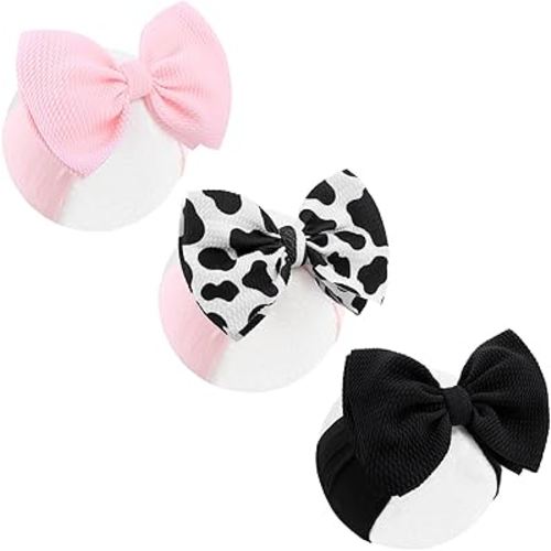 Moo Cow Print 6’’ Hair Bows for Girls Cowgirl Accessories Newborn Infant Toddler Baby Girl Headbands Black & Pink Bow Baby Wrap