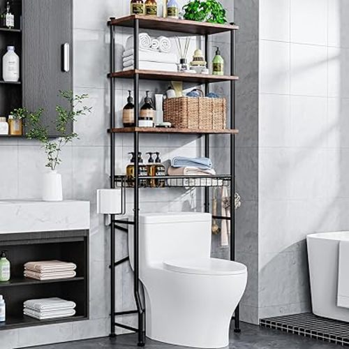 Over-The-Toilet Storage Shelf,4-Tier Bathroom Organizer Cabinet Rack And Storage Over Toilet With Shelf Waterproof Feet Pad And Basket,Multifunctional Space Saver Freestanding Bathroom Shelves（Brown）