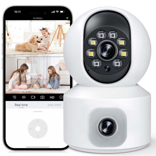 GPED Baby Monitor, 3K UHD Indoor WiFi Camera, Dual Lens, 360° PTZ, Color Night Vision, Two-Way Audio