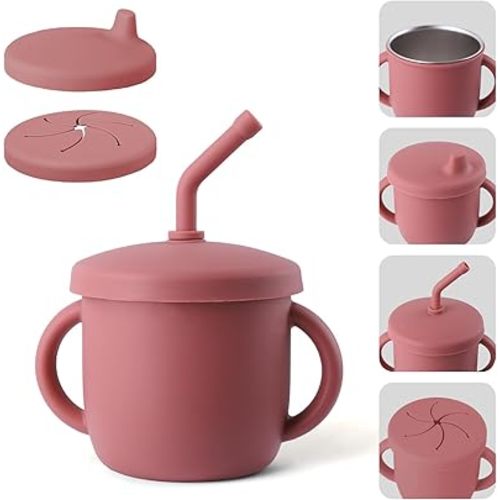 4-in-1 Stainless Steel Silicone Sippy Cup, 8.5oz Toddler Open Cup with Straw, Sippy & Snack Lids, For Baby Led Weaning, Toddlers 1-3 Years Trainning Kids Drinking, Dishwasher Safe, Berry