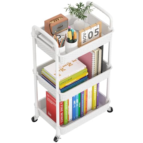 MOYIPIN 3-Tier Plastic Rolling Utility Cart with Handle,Utility Storage Cart for Office, Living Room, Kitchen,Movable Storage Organizer Shelves,White | Utility Storage Cart for Office, Living Room, Kitchen,Movable Storage Organizer，Easy installation，Ra...