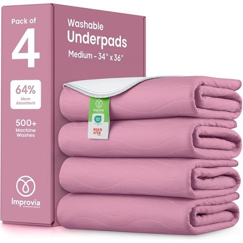 IMPROVIA® Incontinence Bed Pads Washable Waterproof mattress protector - 4 Pack - 34" x 36" Reusable hospital bed, crib Underpads Bedwetting Pee Pads for Adults, Kids, Elderly, Dogs, baby+post partum