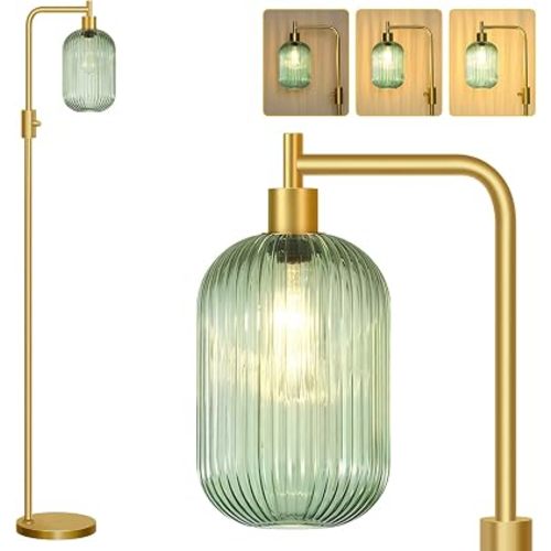 【Upgraded】 Dimmable Floor Lamp for Living Room with Green Ribbed Glass Lampshade, Gold Modern Floor Lamp with 900LM LED Bulb Included, Arc Standing Tall Lamp for Bedroom, Office, Reading Room, Corner