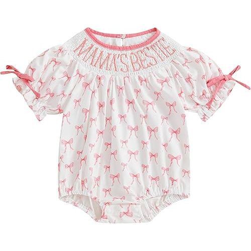 Newborn Baby Girl Romper Mamas Mini Bow Plaid Print Puff Sleeve Smocked Bubble Romper Jumpsuit Bodysuit Clothes