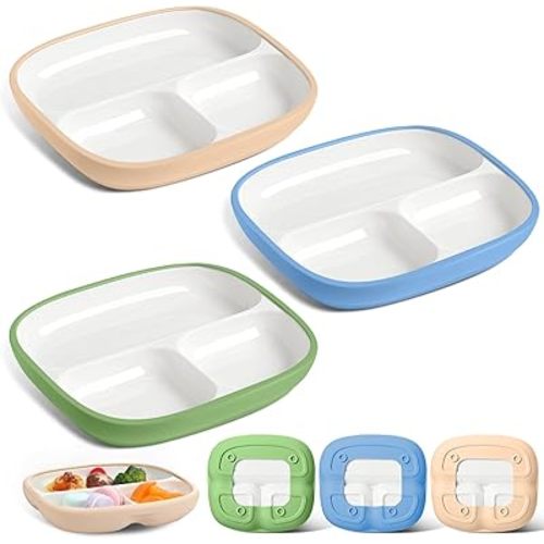 Domensi 3 Sets Kids Porcelain Plates with Silicone Sleeves Toddler Divided Porcelain Plate Baby Ceramic Dishes Snack Container for Kid Toddler Baby Feeding Microwave Dishwasher Safe(Classic Color)