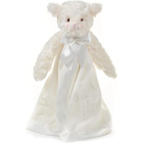 Bearington Collection Lamb Plush Security Blanket Lovey Christening Stuffed Animal - 15 in White Satin Trim - Baptism Lamb Security Blanket