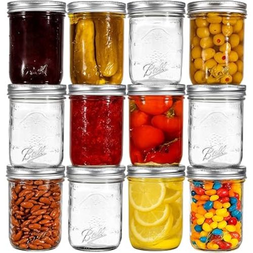 Ball Regular Mouth Mason Jars 8 oz. (12 Pack) - Half Pint Size Jars with Airtight Lids and Bands for Canning, Fermenting, Pickling, Meal Prep or DIY Decors and Projects Bundled with Peaknip Jar Opener
