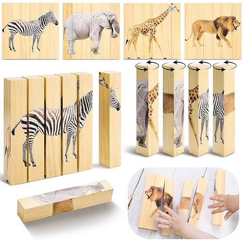Wooden Animal Chunky Puzzles 4 in 1 Safari Animal Block Puzzle Toy Science Educational Matching Game for Homeschool Preschool Boys and Girls