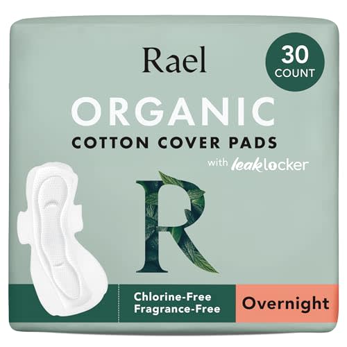Rael Pads for Women, Organic Cotton Cover - Period Pads with Wings, Feminine Care, Sanitary Napkins, Heavy Absorbency, Unscented, Ultra Thin (Overnight, 30 Count)