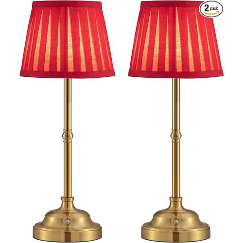 KDG Cordless LED Table Lamp Set of 2, Portables Fabric Shade Desk Lamps, 4000mAh Rechargeable Battery Powered Lighting, Dimmable Light for Dining Room, Bedroom, Bedside, Night Light, Balcony (Red)