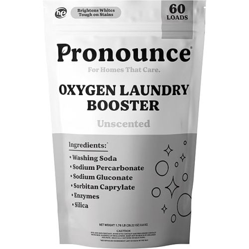 Pronounce Oxygen Laundry Booster with Enzymes - Brightens White & Tough on Stains, Fights Odor. Stain Remover, Cleaner Ingredients, Fragrance Free - Ultra Concentrated, HE - 60 Loads (Unscented)