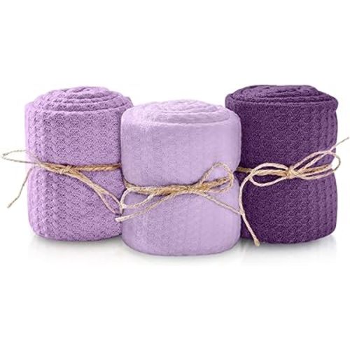 First Landings Newborn Photography Wraps - Gender Neutral Baby Essentials - Soft Knit Receiving Blankets - Newborn Photo Props - Purple, 16" x 64" (3-Pack)