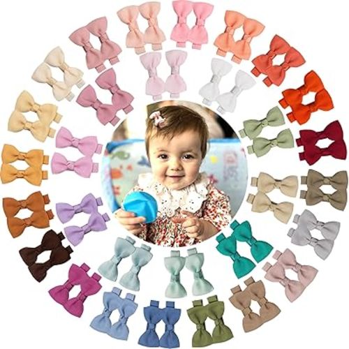 Baby Hair Clips 60 Pieces 30 Colors in Pairs Baby Girls Fully Lined Bows Hair Pins Tiny 2" Hair Bows Alligator Clips for Girls Infants Toddlers Light