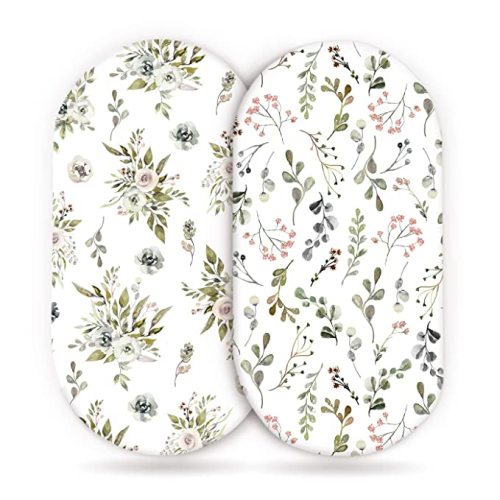 Stretchy Ultra Soft Fitted Bassinet Sheets 2 Pack, Universal Fitted for Bassinets Baby Cradle Moses Basket Oval Rectangle Mattress, Watercolor Rose and Flora Bassinet Sheet for Baby Girls