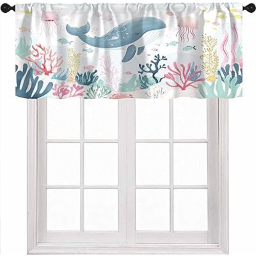 Cartoon Underwater World Animals Valance, Whales Corals Sea Grass Carp Jellyfish Window Valance for Kids Boys Girls Bedroom Nursery 1 Piece,54x18 Inch